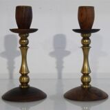 Pair of Danish candle holders in brass and rosewood 1960