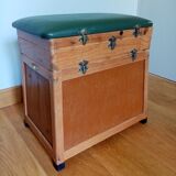 Fishing stool chest in wood and green skaï