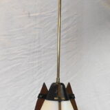 Italian hanging lamp in brass opaline and teak from the 70s
