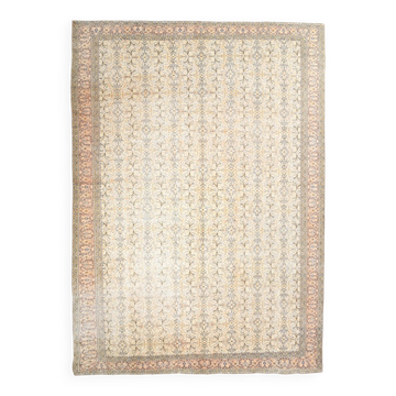 Tapis persan vintage crème bleu 9x13, tapis floral en laine fait main turc