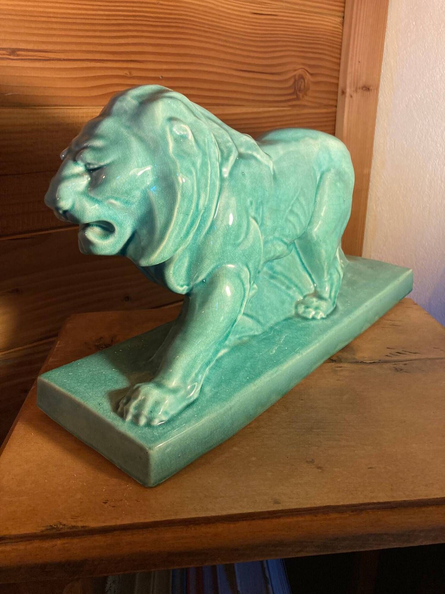 Large Art Deco lion sculpture, in crackled enamel, Peugeot, 1934, Le Jan