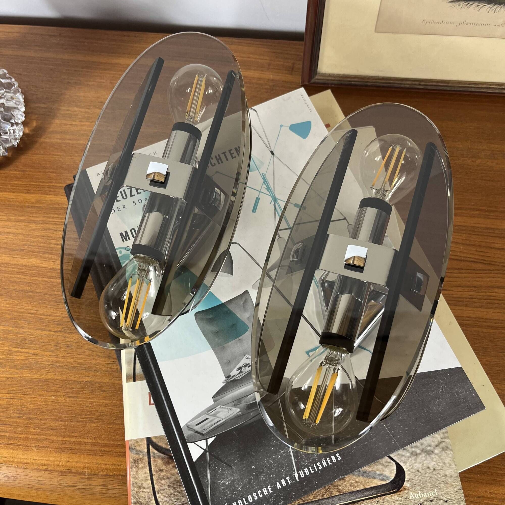 Pair of Veca wall sconces in smoked brown glass and chrome metal from the 1970s.