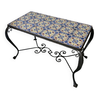 Mid century wrought iron and blue ceramic tile coffee table, 1960s