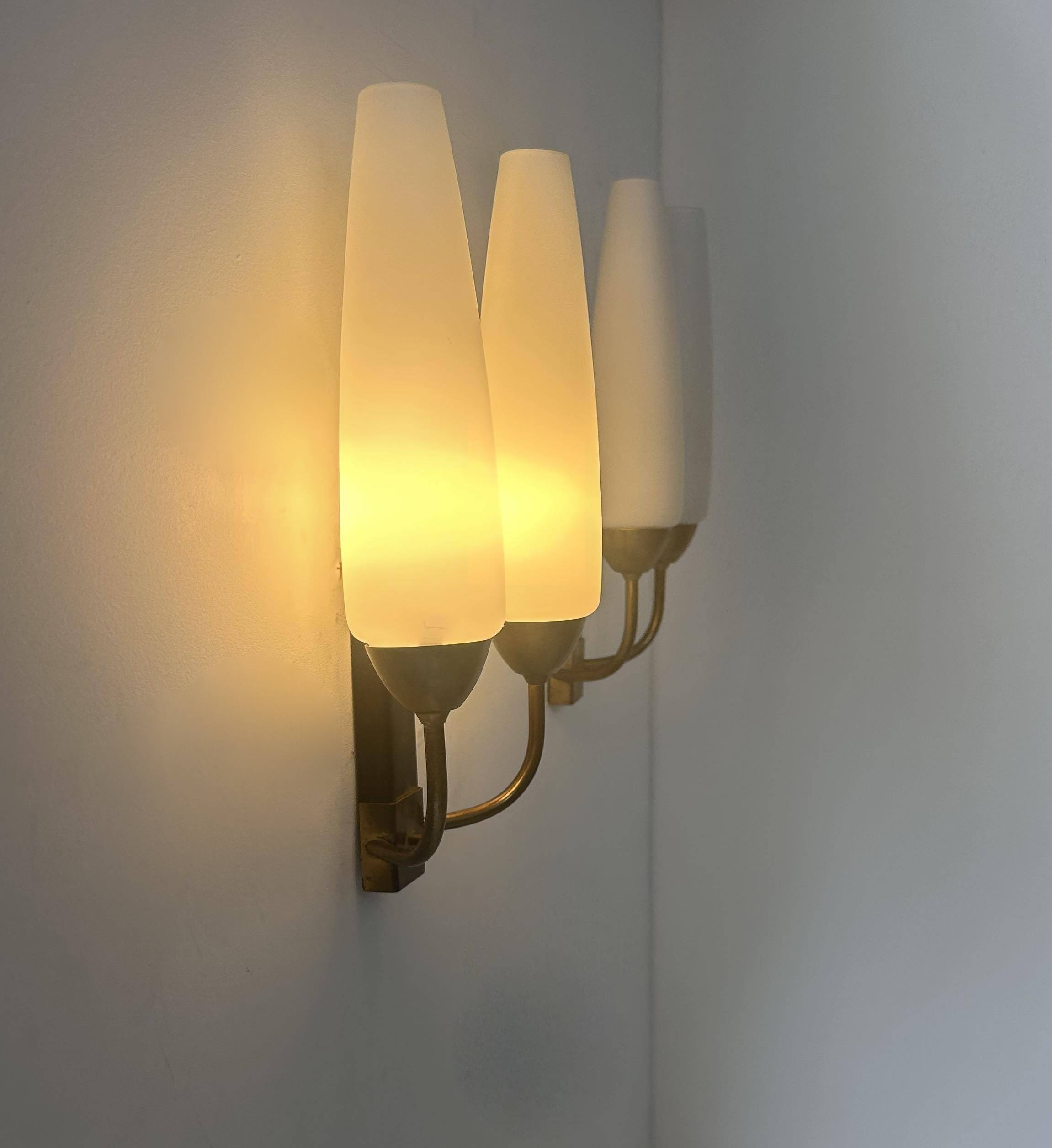 Pair of vintage double wall lights, brass and opaline, France 1950