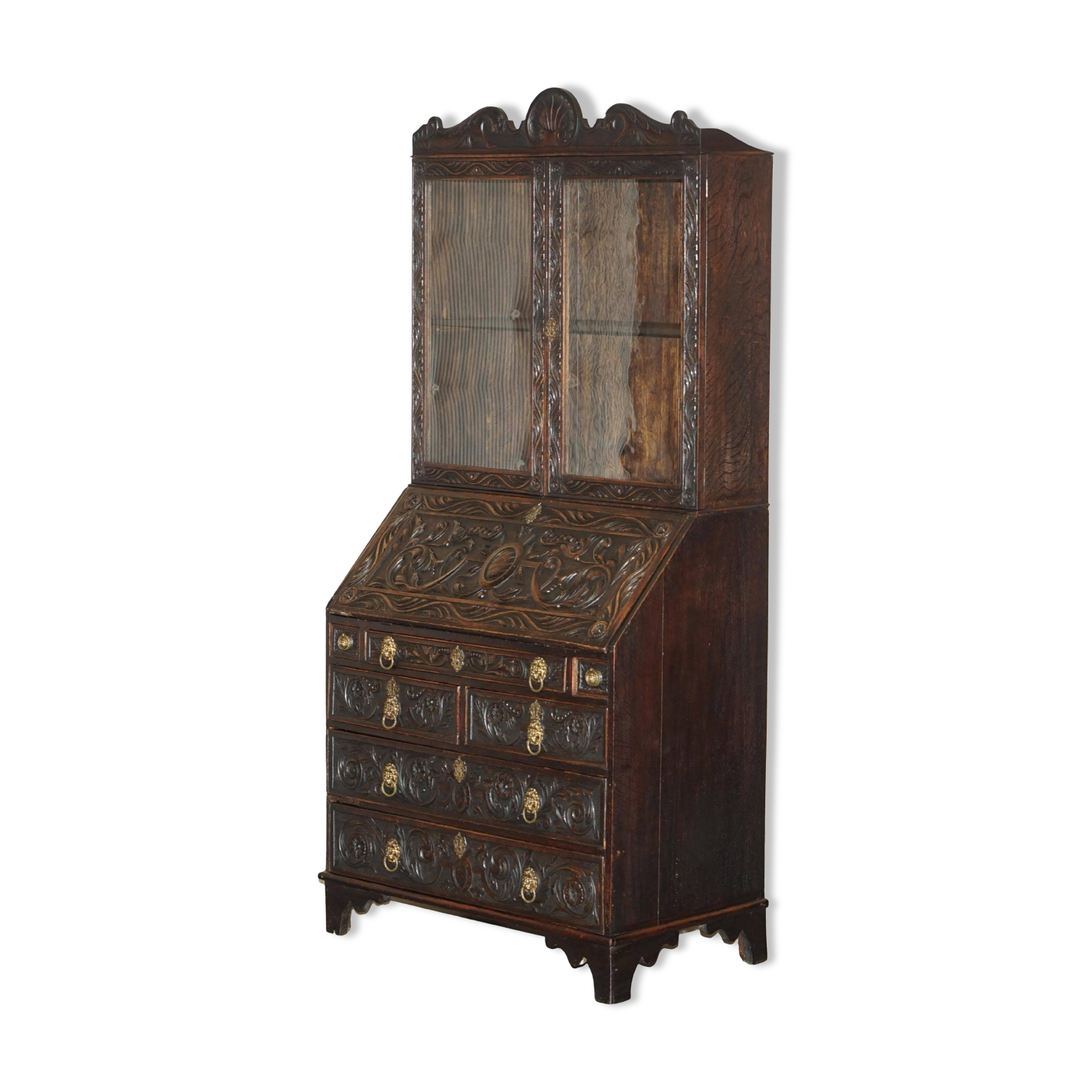 Library Desk in Carved Oak with Brass Handles
