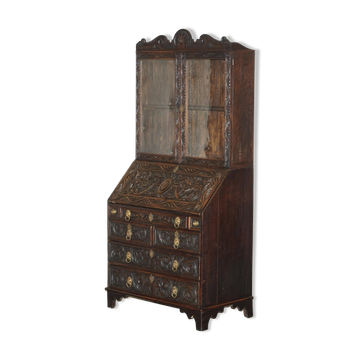 Library Desk in Carved Oak with Brass Handles