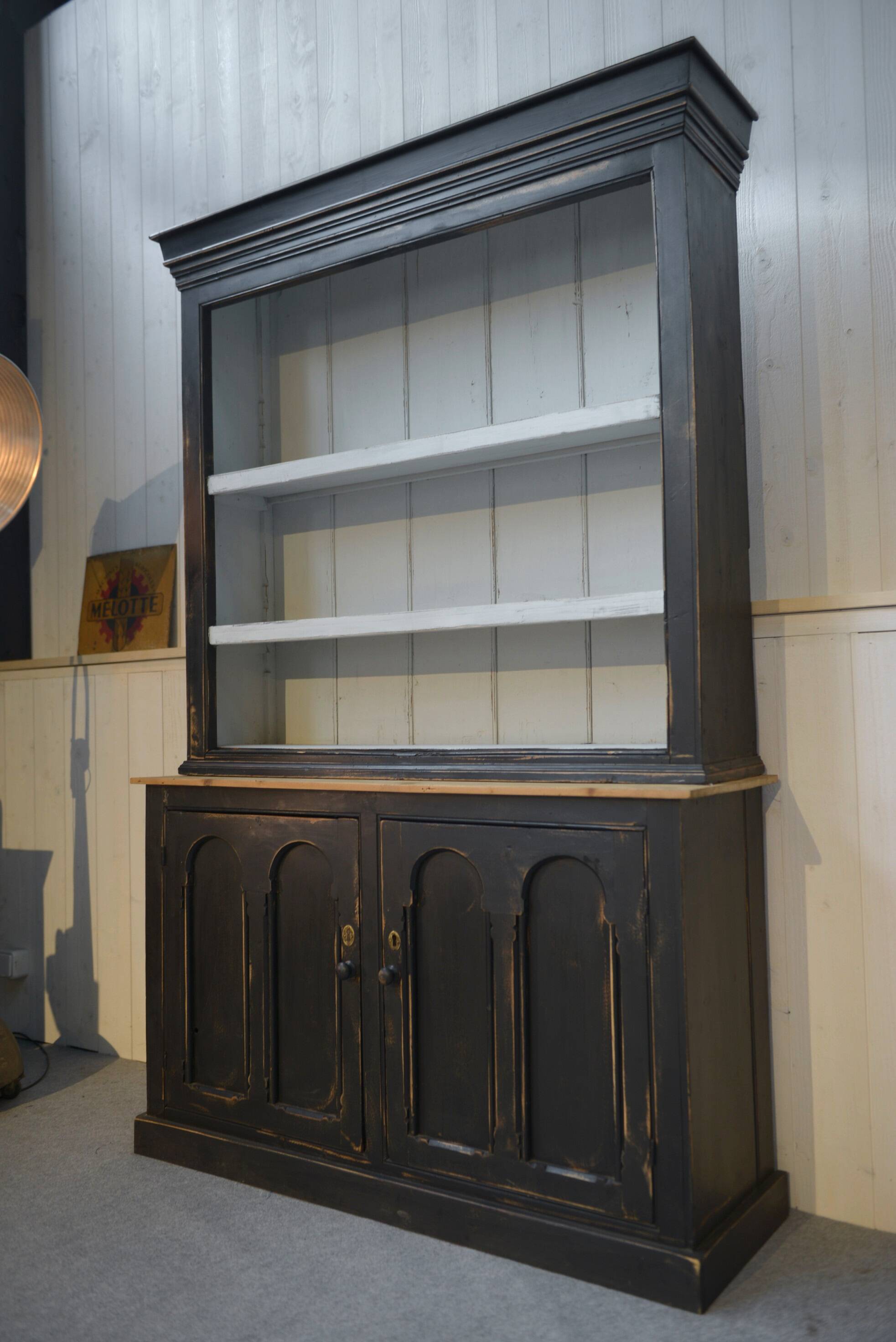 Two-body sideboard with black patina and white interior, 1950s