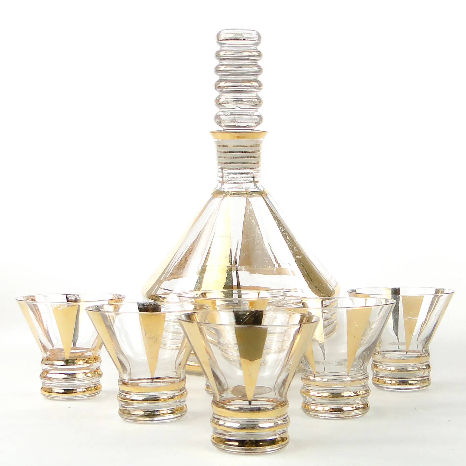 Mid-century modern liqueur set, clear gilded glass, Kamenický Šenov, Czechoslovakia, 1950s