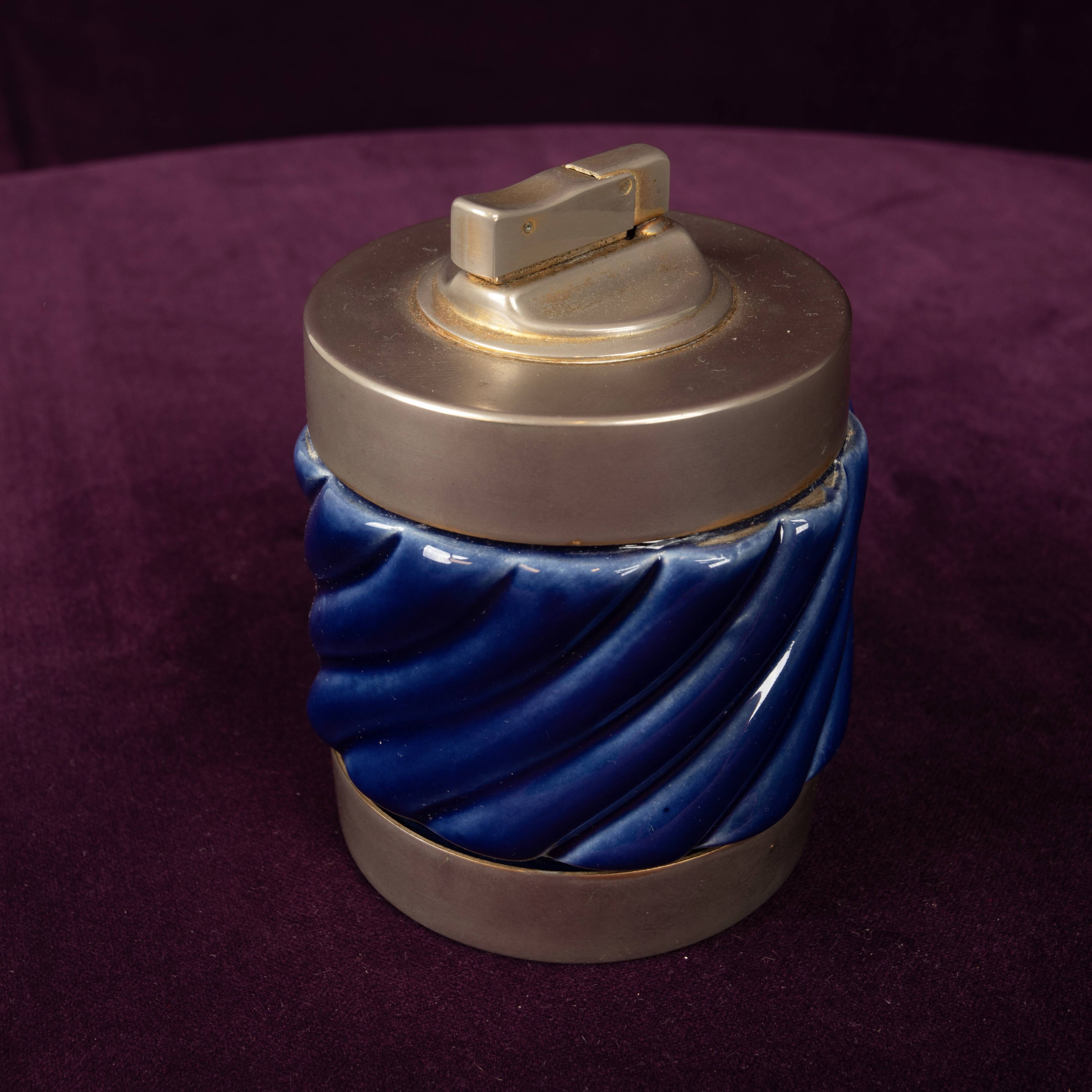 Tommaso Barbi Blue Glazed Ceramic and Brass-Toned Metal Table Lighter, 1970