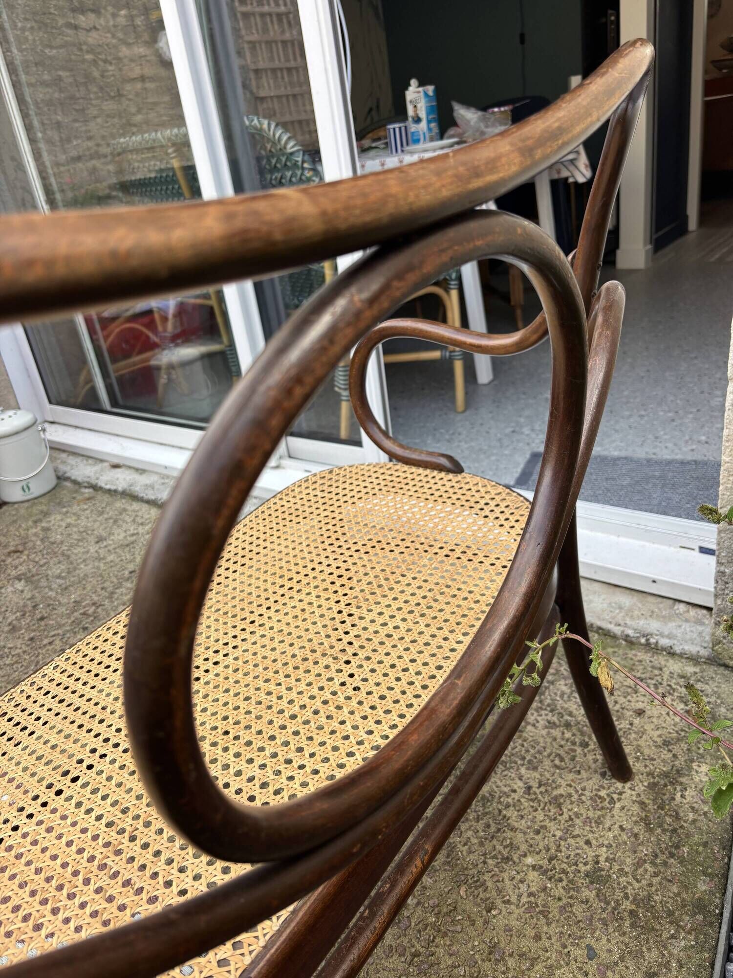 Antique Thonet bench in bent wood and caning, signed.
