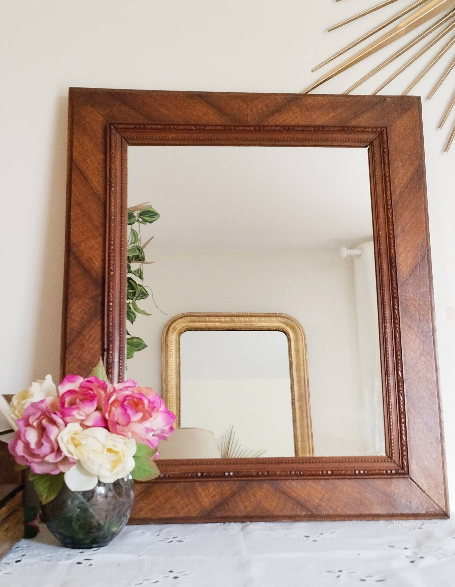Antique mirror in waxed fruitwood style, 65.5 cm x 55.5 cm
