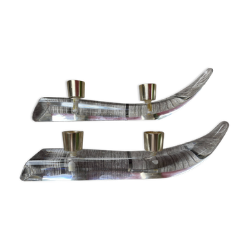 Pair of Schneider crystal candlesticks in the shape of a canoe