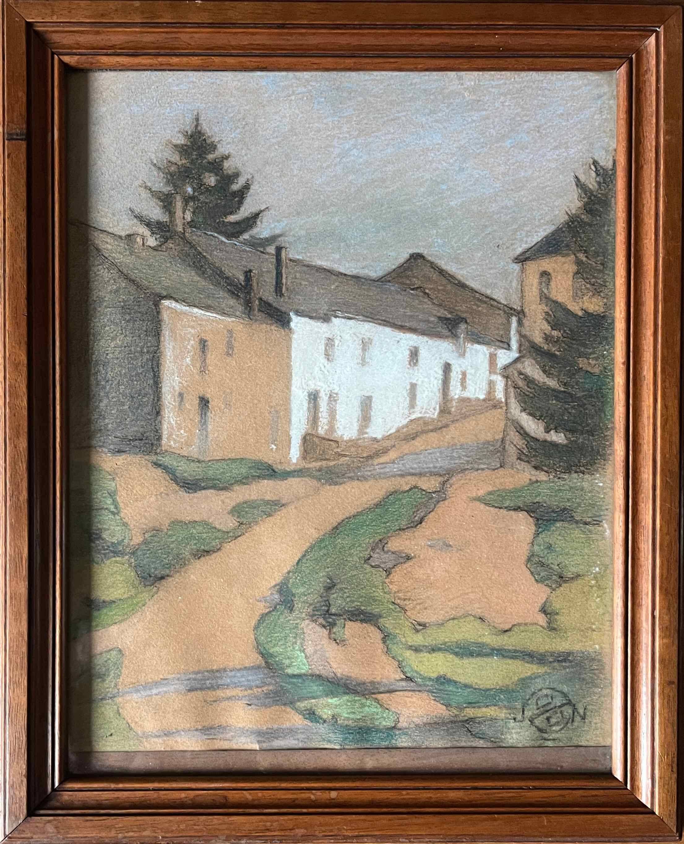 Pastel painting, circa 1930 monogram "Village Street"
