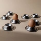 Lot of 9 vintage stainless steel egg cups from the 1970s, timeless minimalist design, dishwasher safe.