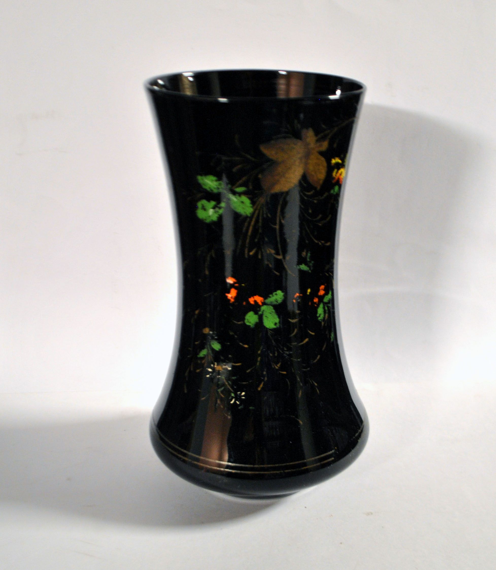 Charles X vase in black opaline with hand-painted floral enamel decoration, 30 cm.
