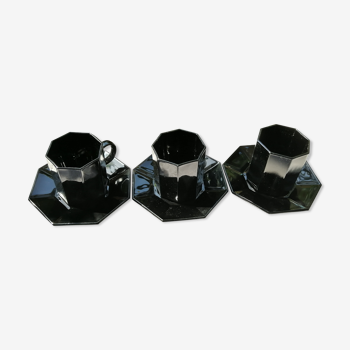 Série de 3 tasses et sous-tasses noires octogonales