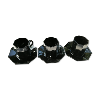 Set of 3 black cups and sub-cups octogonales