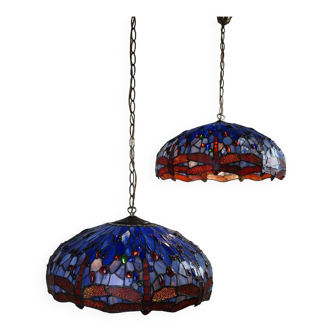 Set of 2 large blue Tiffany-style pendant lamps with dragonflies