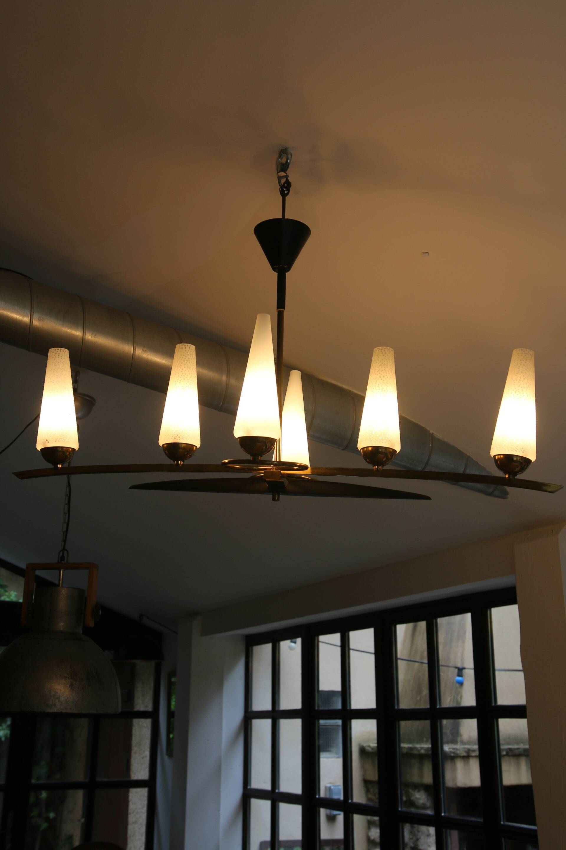 Mid-Century 6-Light Chandelier - Opaline and Brass