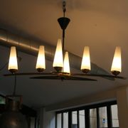 Lustre 6 feux Mid-Century - Opaline et laiton - Style Lunel - Arlus