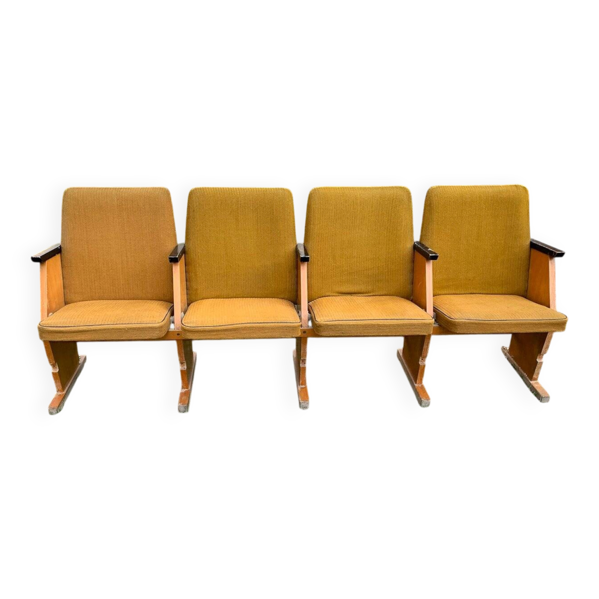 Set of 4 mid-century cinema seats in yellow fabric and light wood, 1950s.