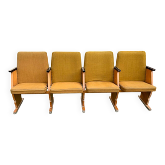 Set of 4 mid-century cinema seats in yellow fabric and light wood, 1950s.