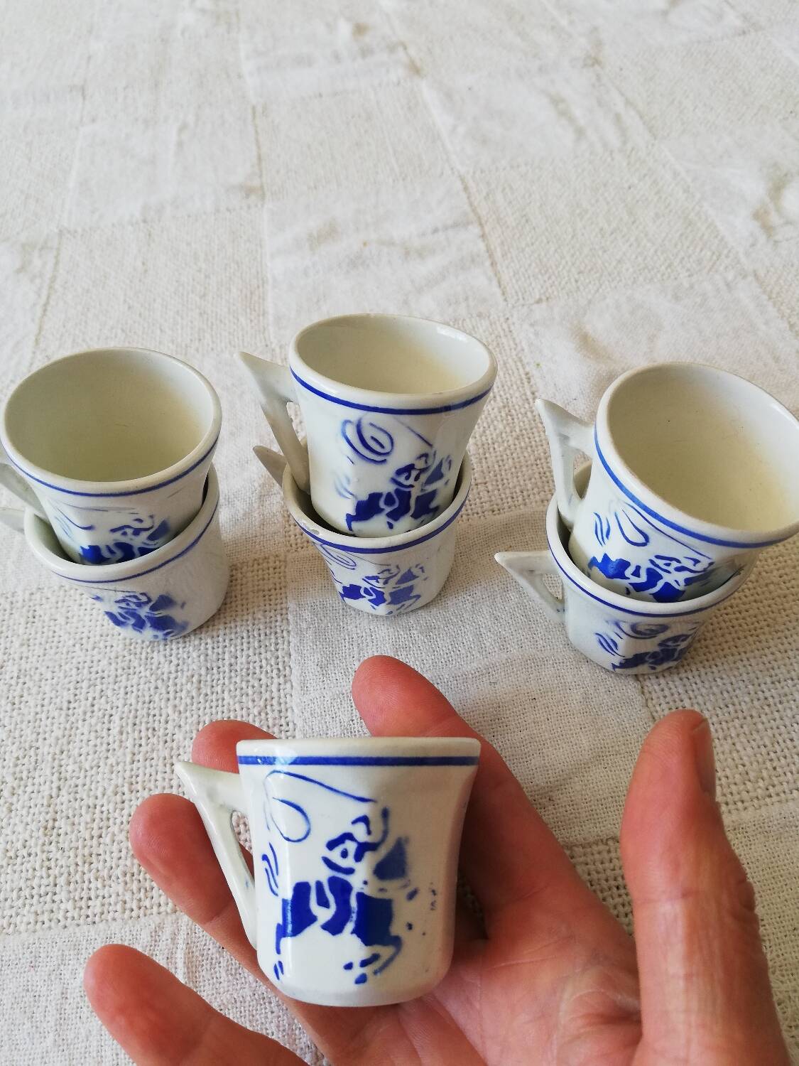 Vintage Porcelain Dinner Set 7 Small Cups with Horseman and Lasso Motif