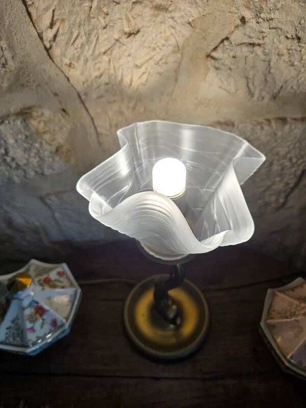 Table lamp with brass fish and draped glass tulip.