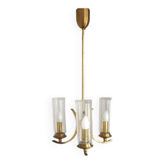 French vintage retro 3 light brass chandelier bubble effect glass shades