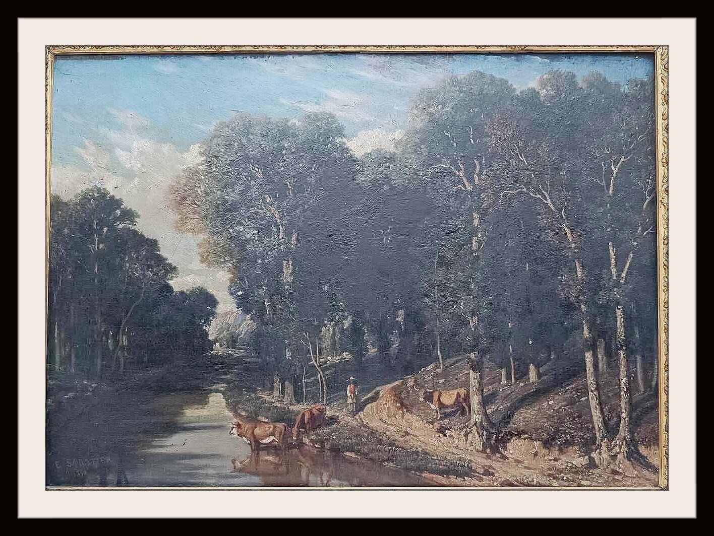 Very beautiful Sabatier painting describing a scene with oxen drinking from the river against a forest background