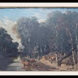 Très beau tableau Sabatier décrivant une scène avec des boeufs buvant à la rivière sur fond de Forêt