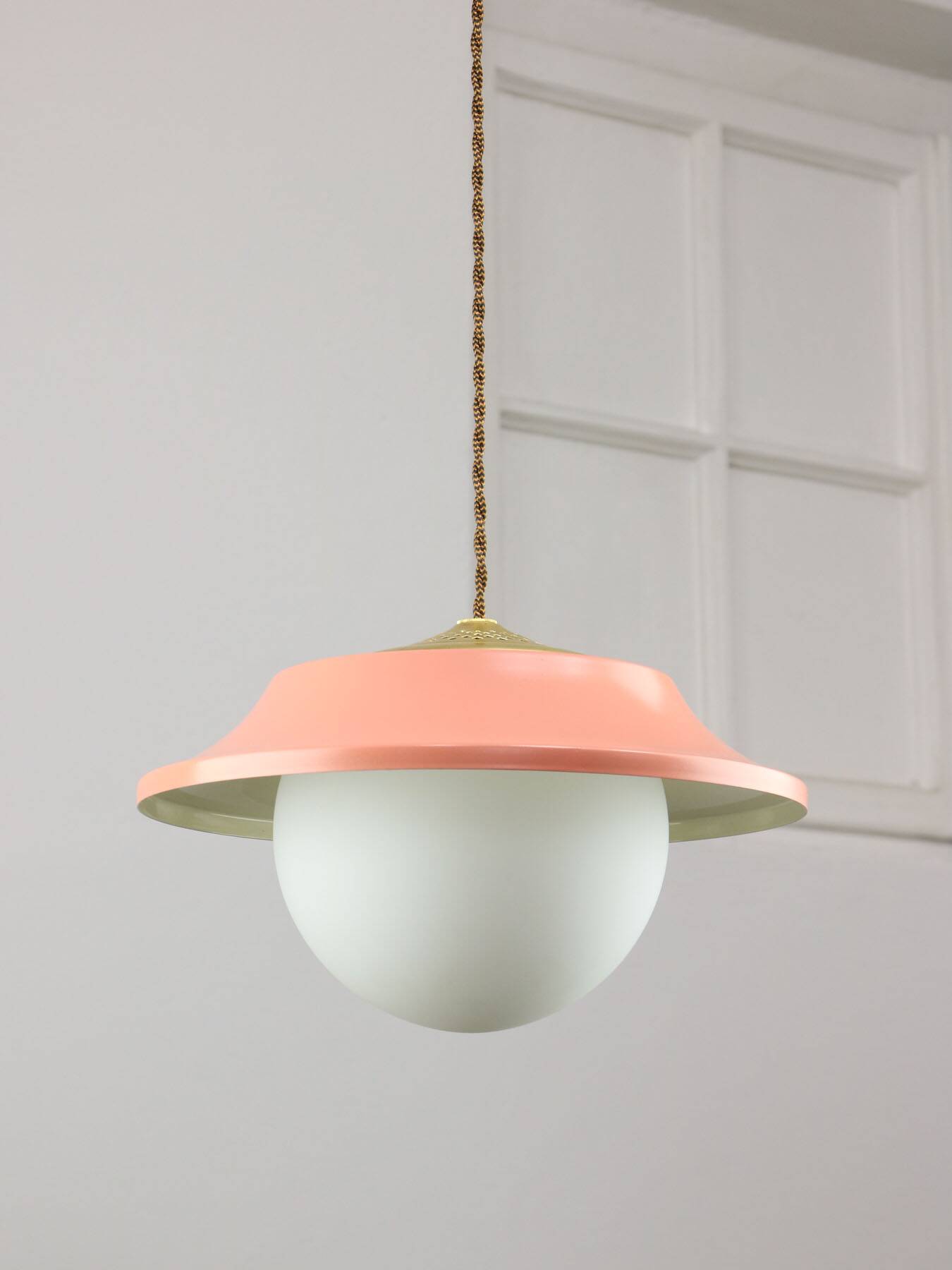 Mid-Century Italian Pink Metal and Brass Pendant Lamp