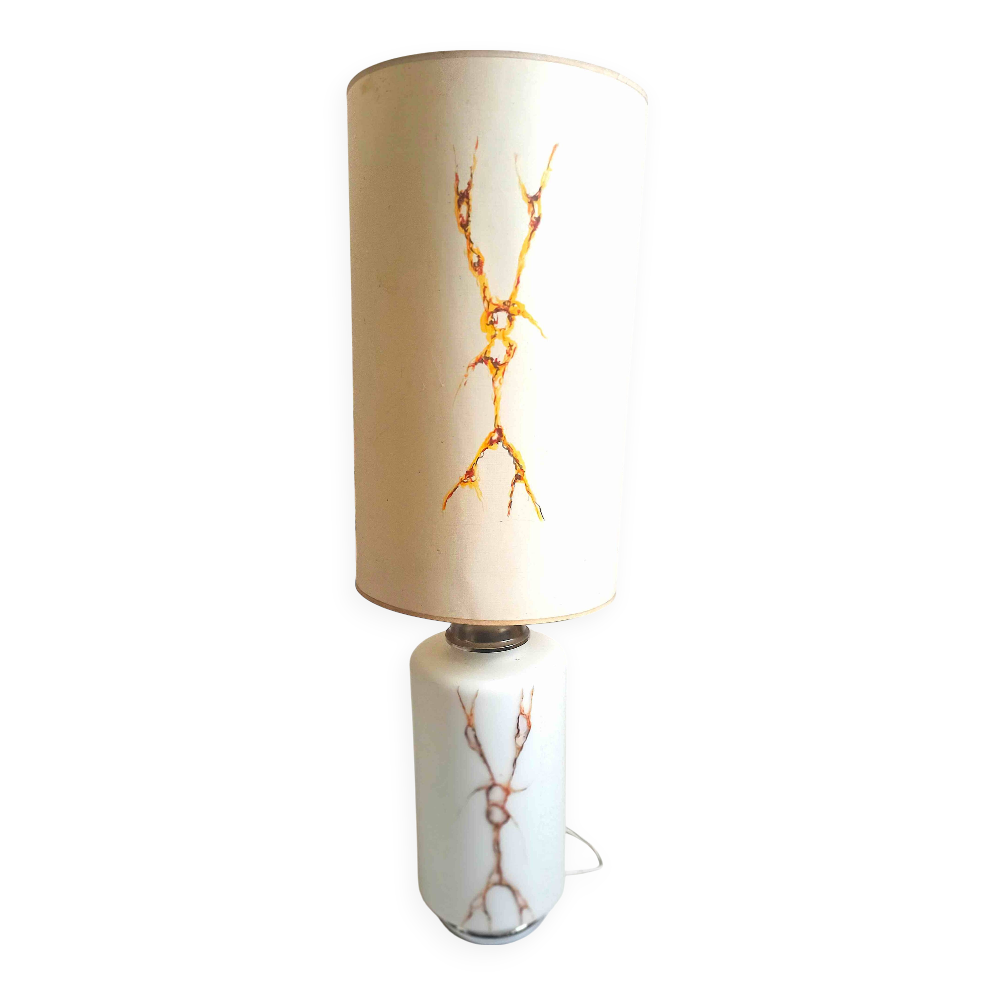 Lampe de sol double éclairage opaline blanche effet givré marbrures brunes Hauteur 95 cm
