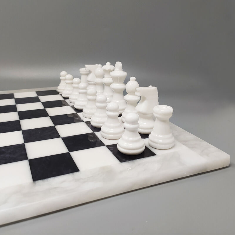 1970s black and white chess set in volterra alabaster handmade made in italy