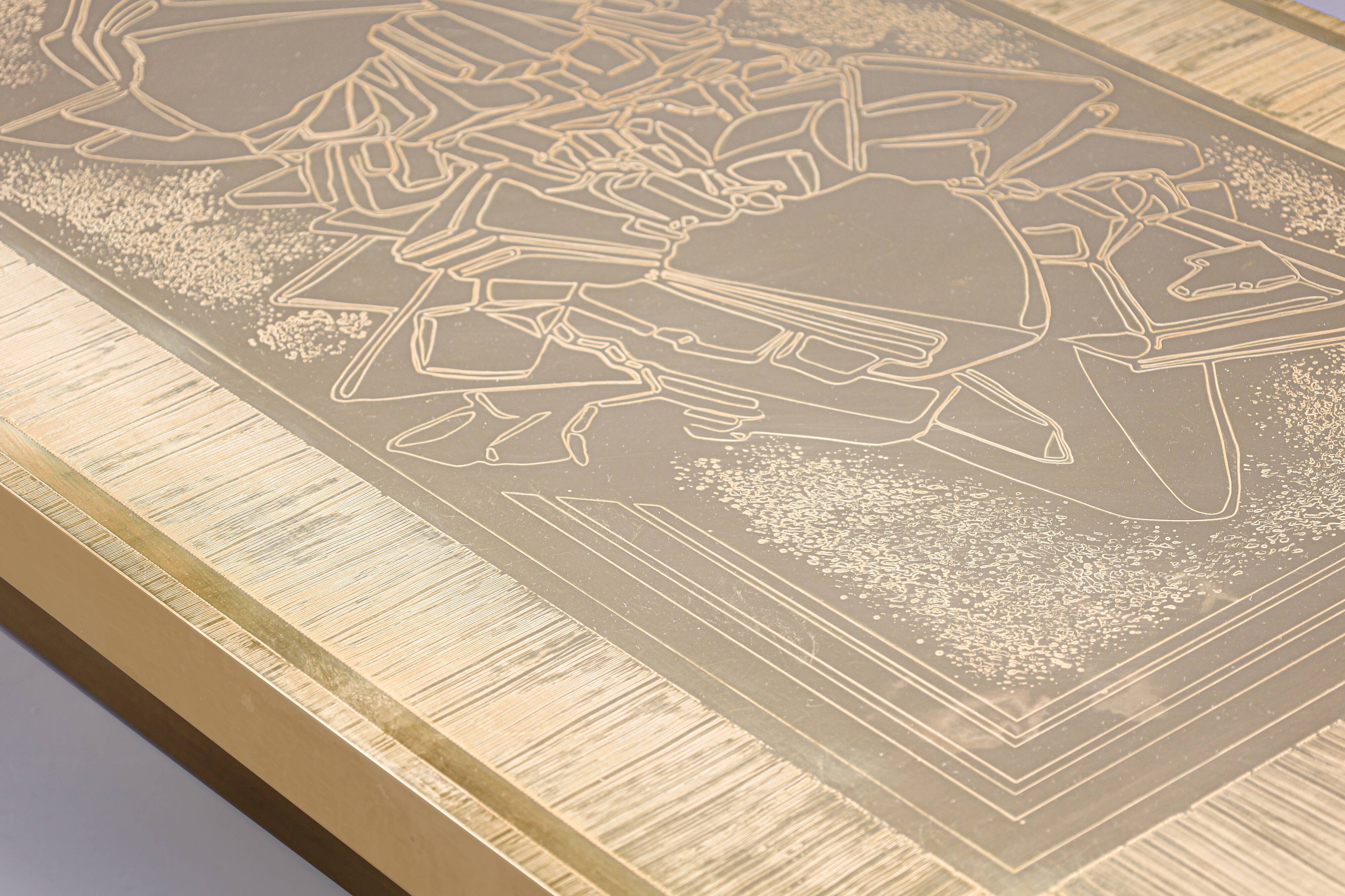 Brass etched coffee table by Lova Creation, Belgium, 1980s.