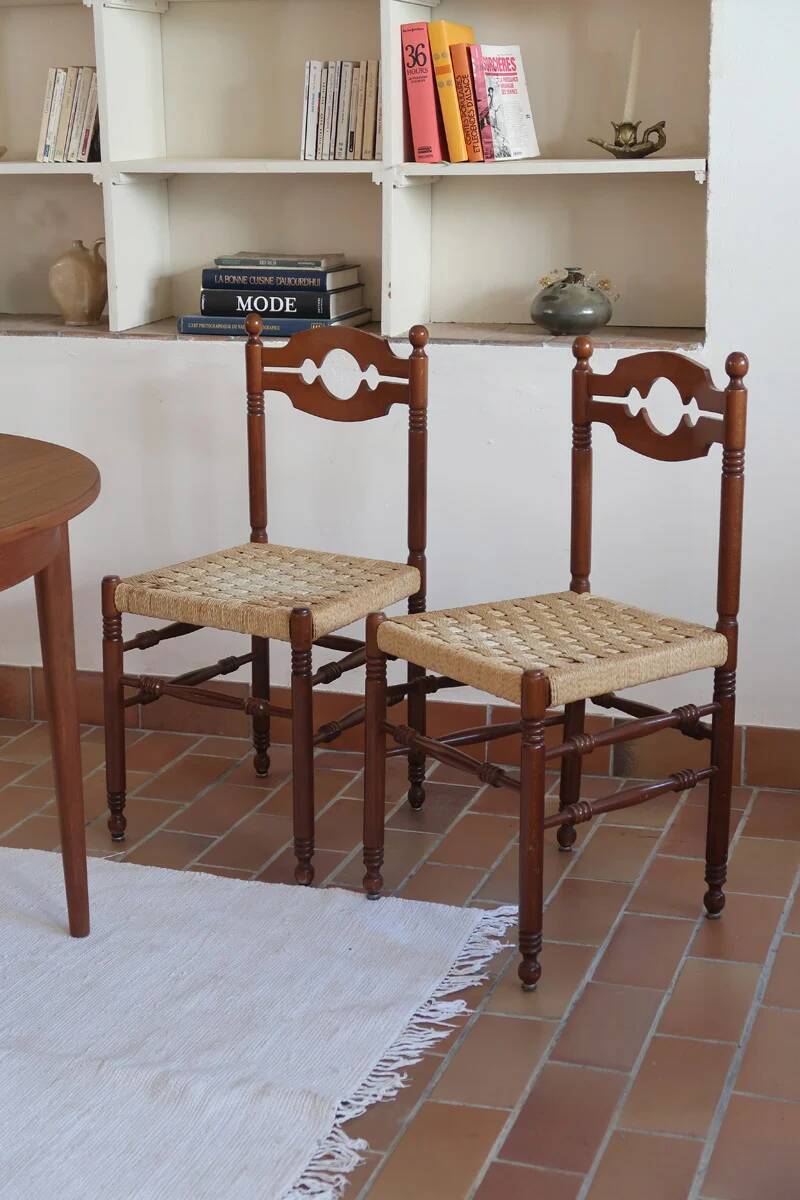 2 chaises rustiques vintage en bois tourné, années 70