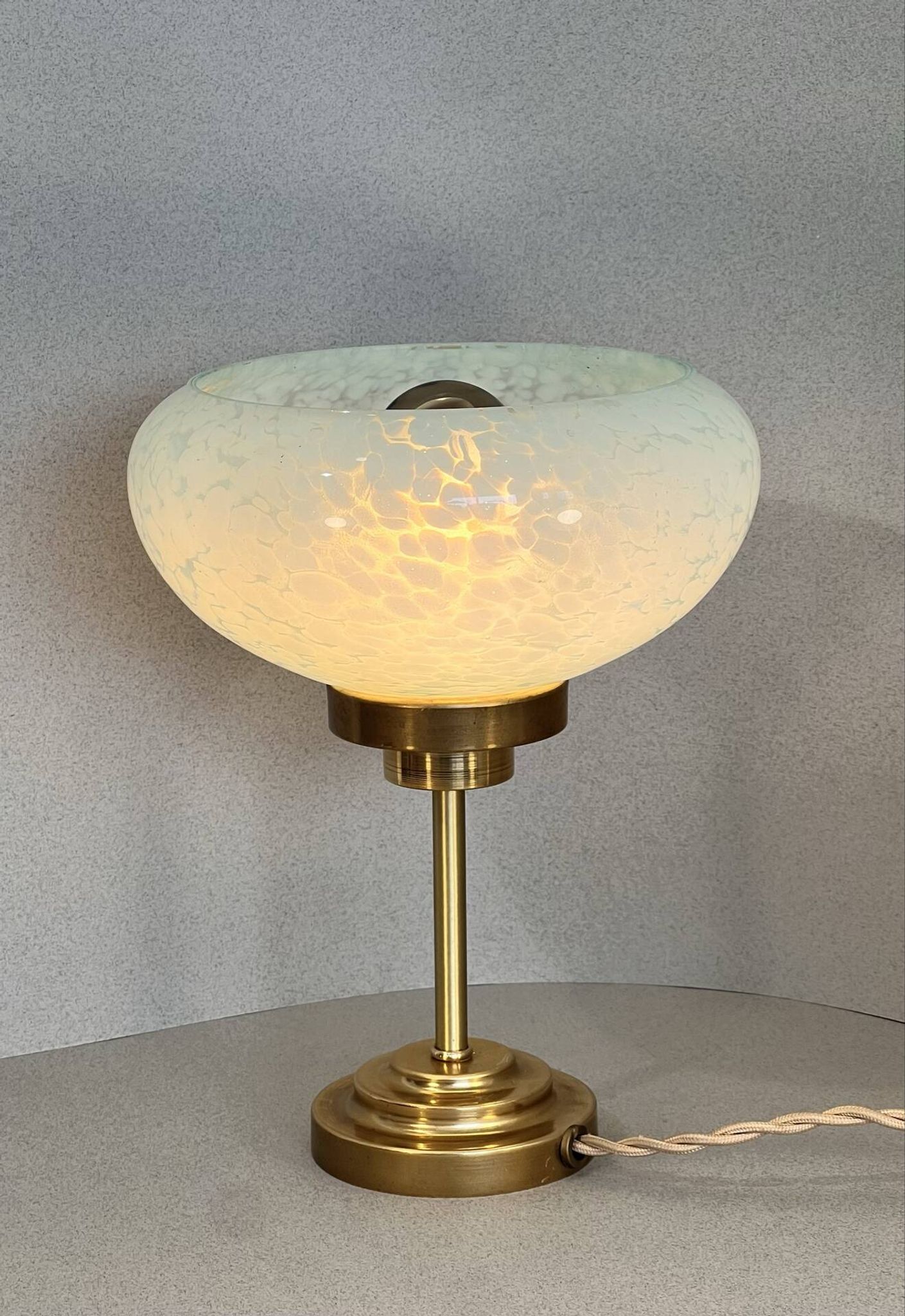 Vintage table lamp in blue Clichy glass & patinated brass