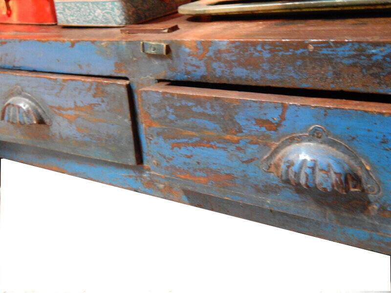 Blue sideboard cabinet with glass in old teak wood and 2 drawers