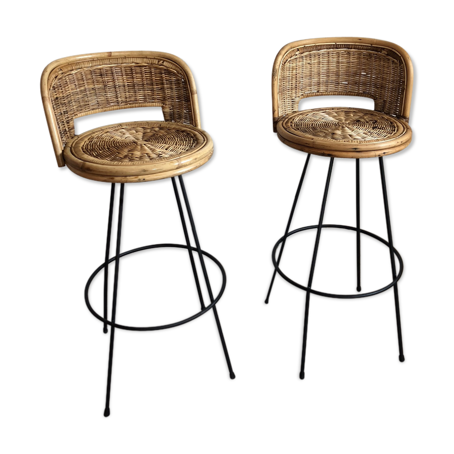 Set of 2 stools swivel rattan 60s
