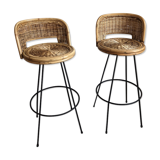 Set of 2 stools swivel rattan 60s