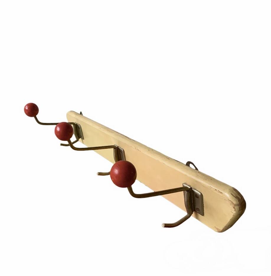 Vintage wooden wall coat rack - triple coat hook with red balls