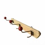 Vintage wooden wall coat rack - triple coat hook with red balls