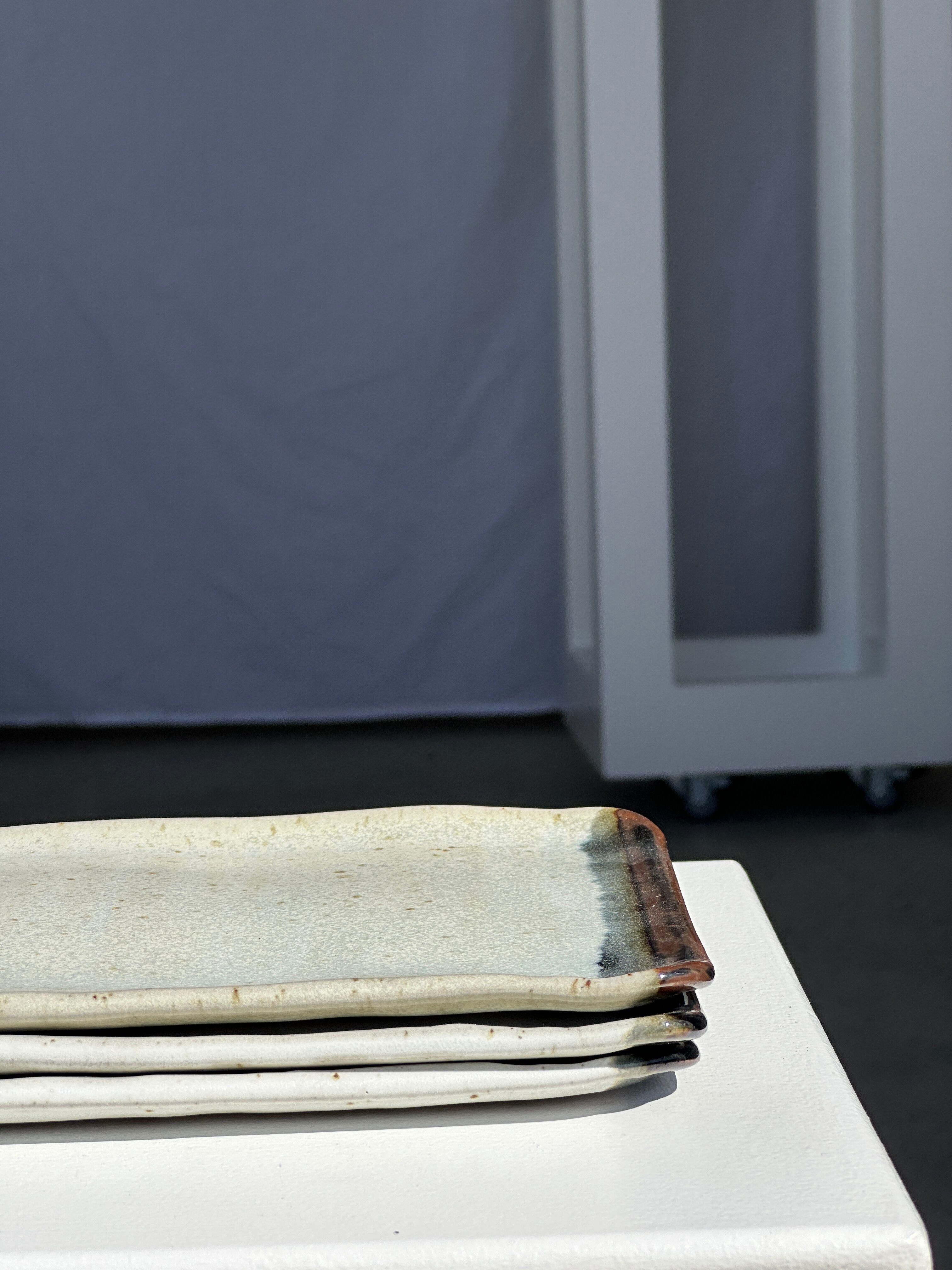 Trio of small rectangular serving dishes white and black Indonesian ceramic 21x16