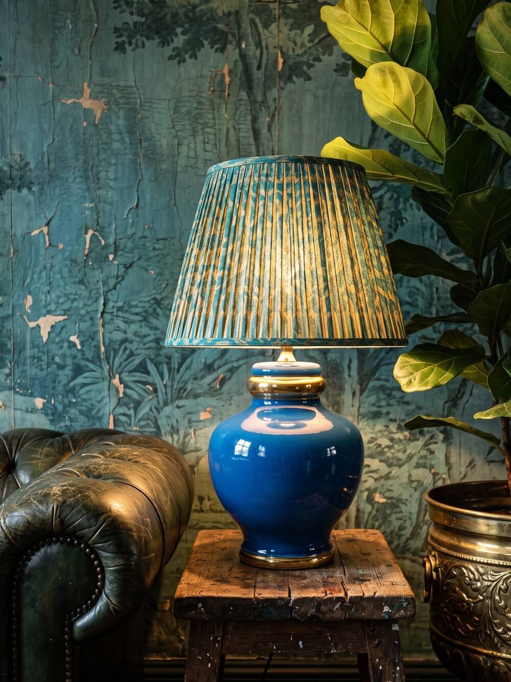 Vintage lamp Att. Le Dauphin in cobalt blue and gold ceramic, 1960s-1970s.
