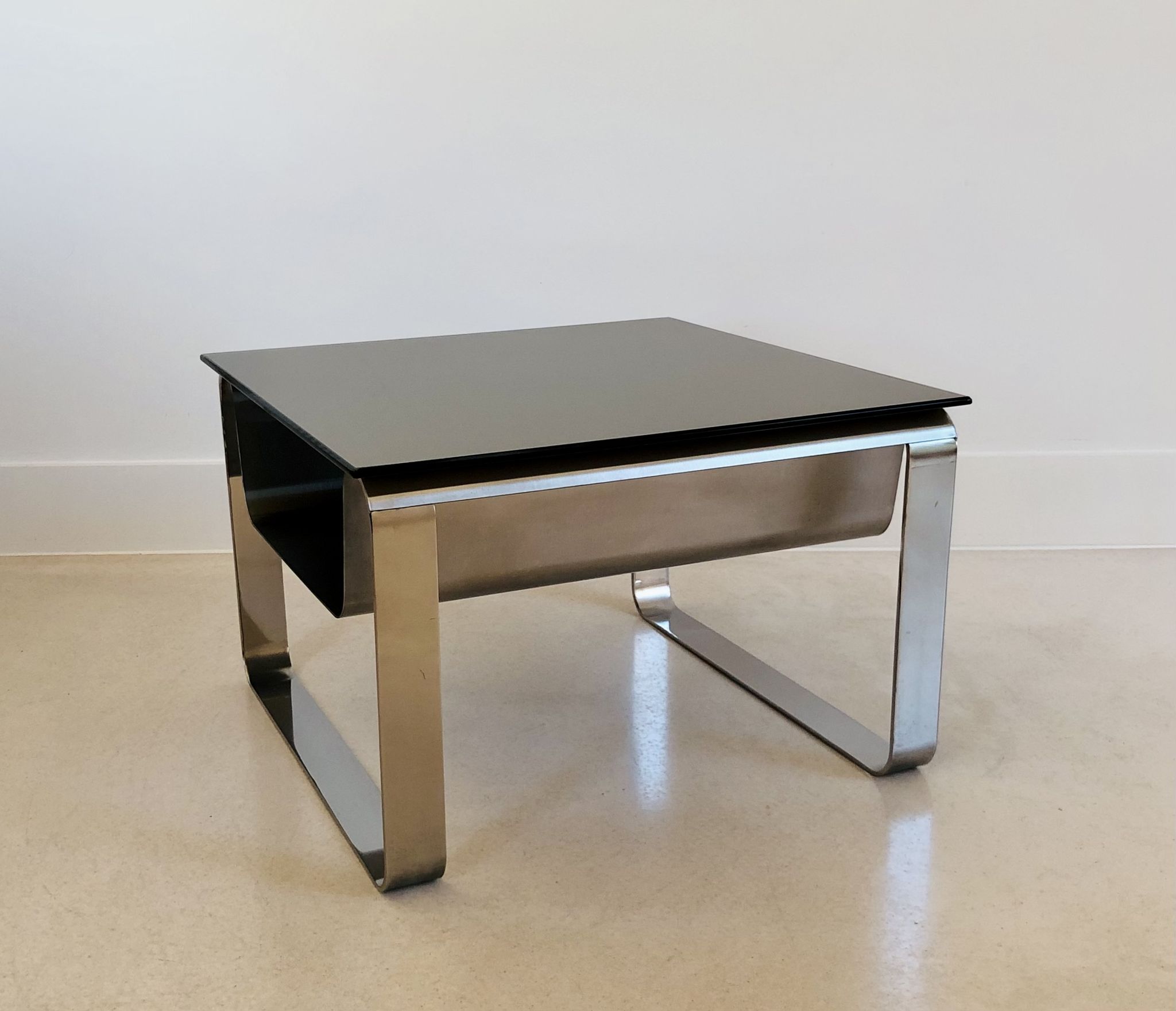 End of sofa, stainless steel magazine rack and mirror glass, France 70s
