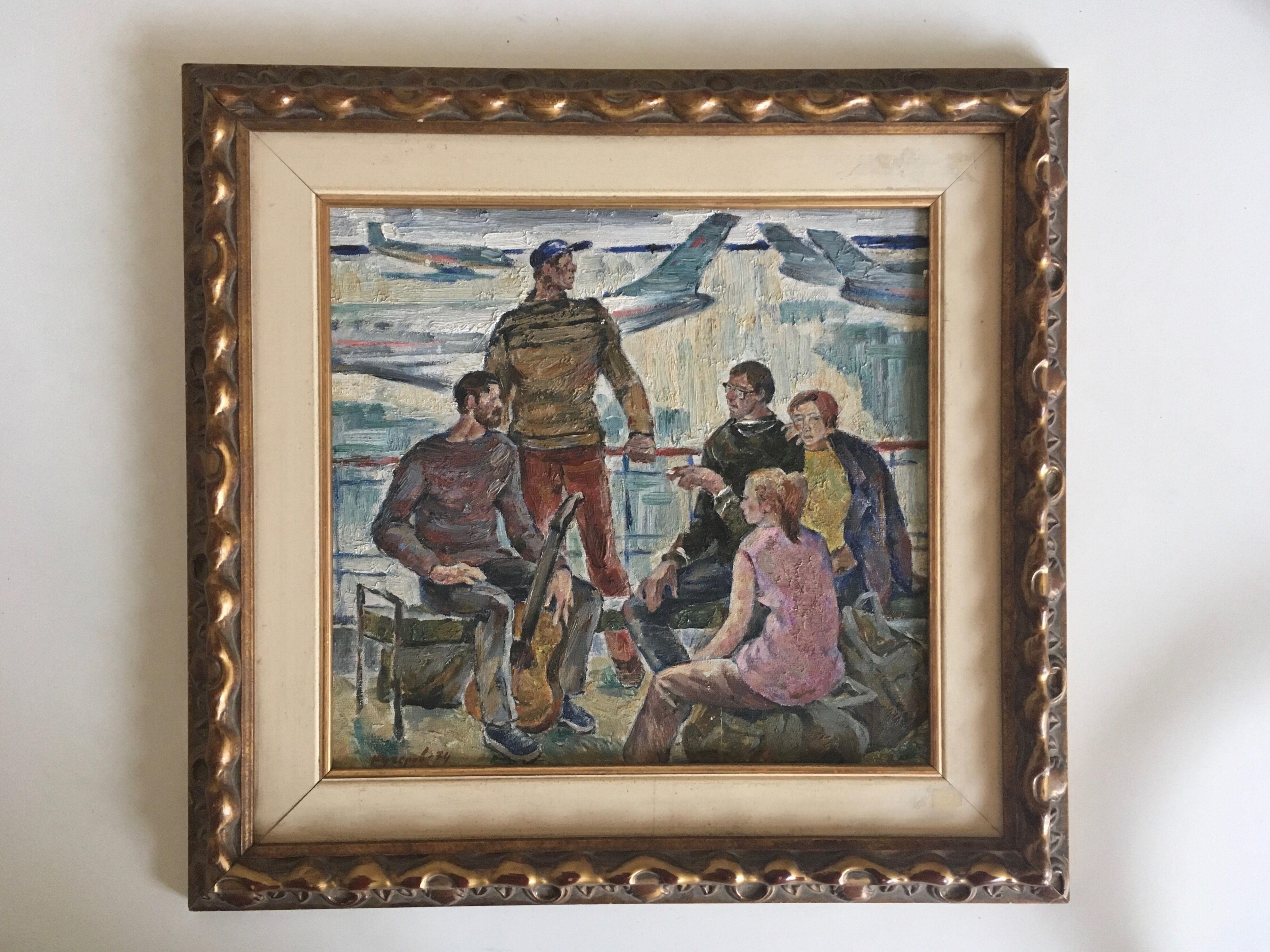 Interior scene with guitar at Kiev airport, USSR, oil travel 1974.