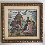 Interior scene with guitar at Kiev airport, USSR, oil travel 1974.