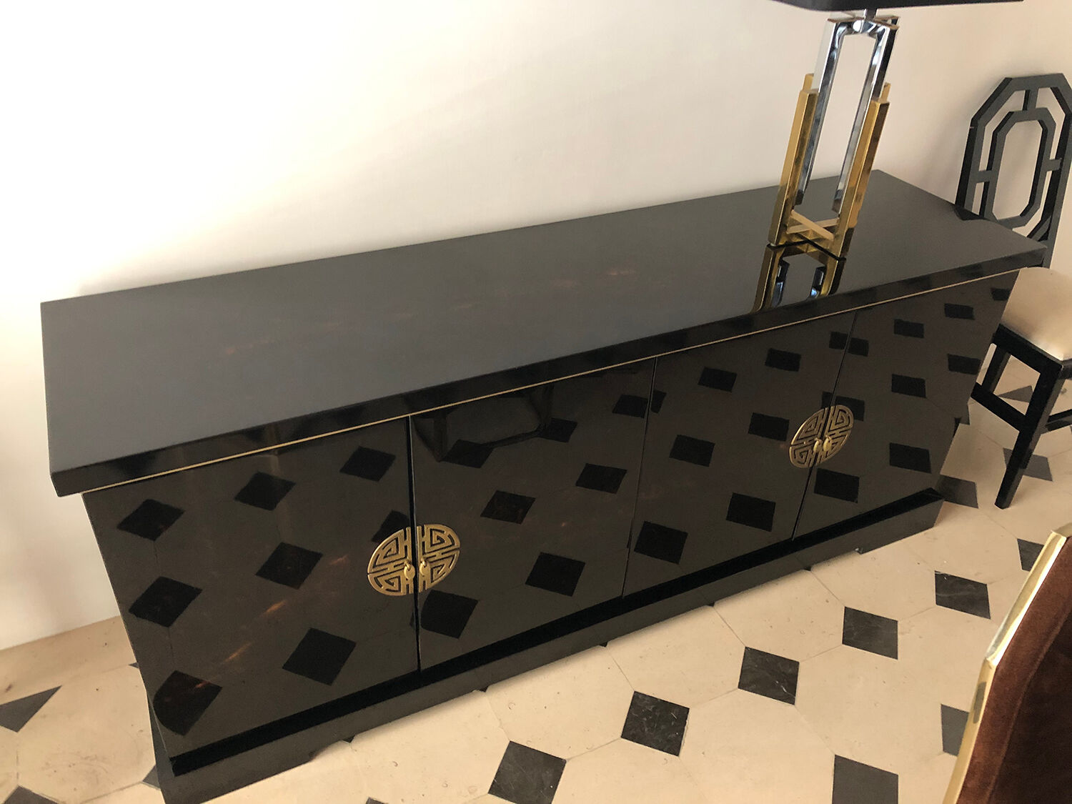 Black and gold lacquered buffet with Chinese handles, 1970