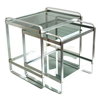 Nesting tables in chromed metal & smoked glass 70s