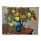 Bouquet en pichet, huile sur toile signé Rondeau 1963